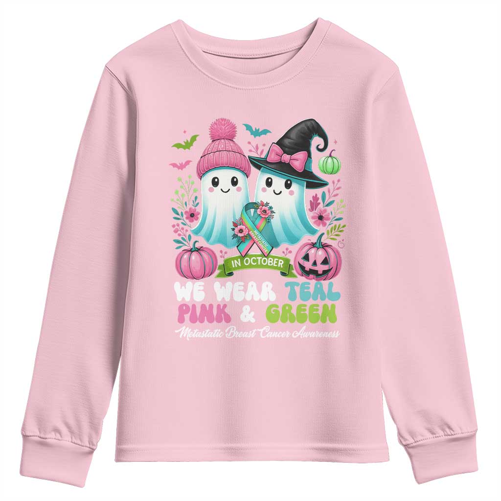 Metastatic Breast Cancer Awareness Ghost Youth Sweatshirt Halloween Green Teal Pink Ribbon - Wonder Print Shop