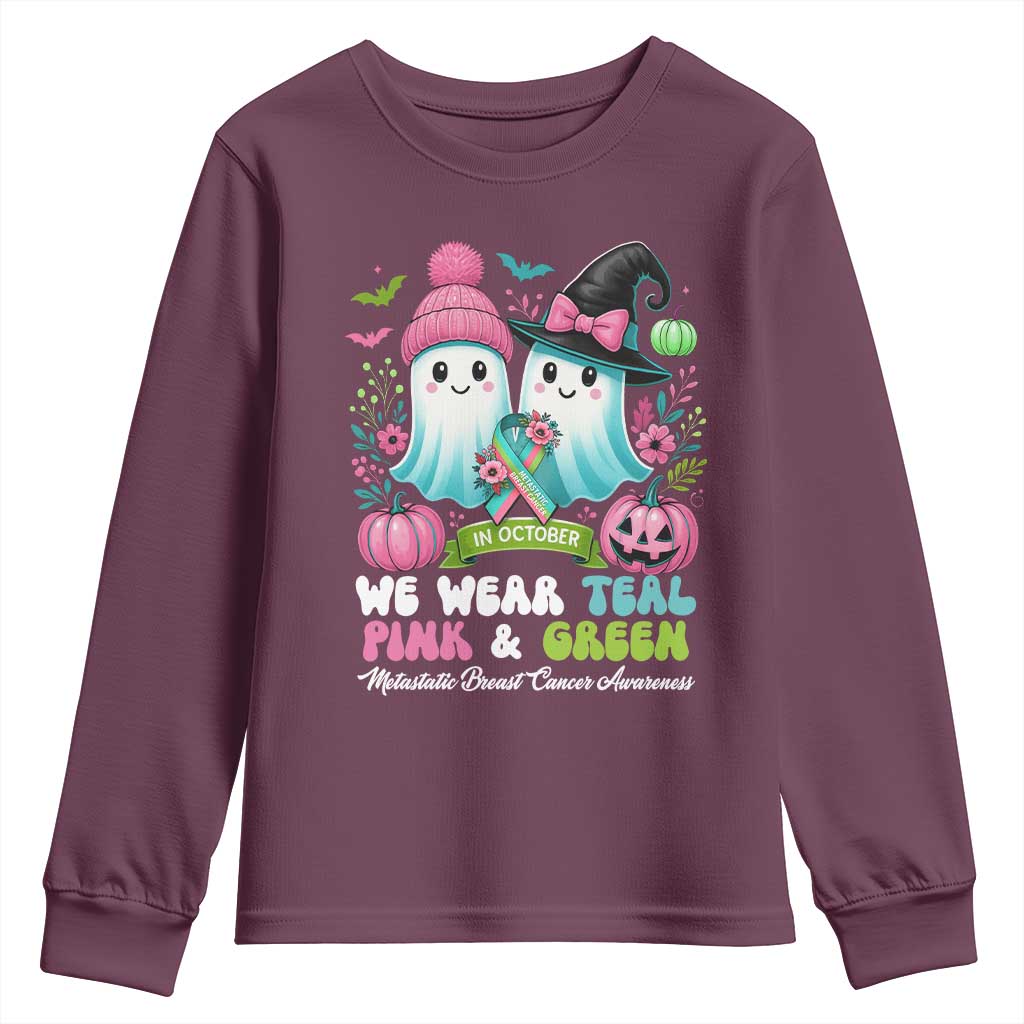 Metastatic Breast Cancer Awareness Ghost Youth Sweatshirt Halloween Green Teal Pink Ribbon - Wonder Print Shop