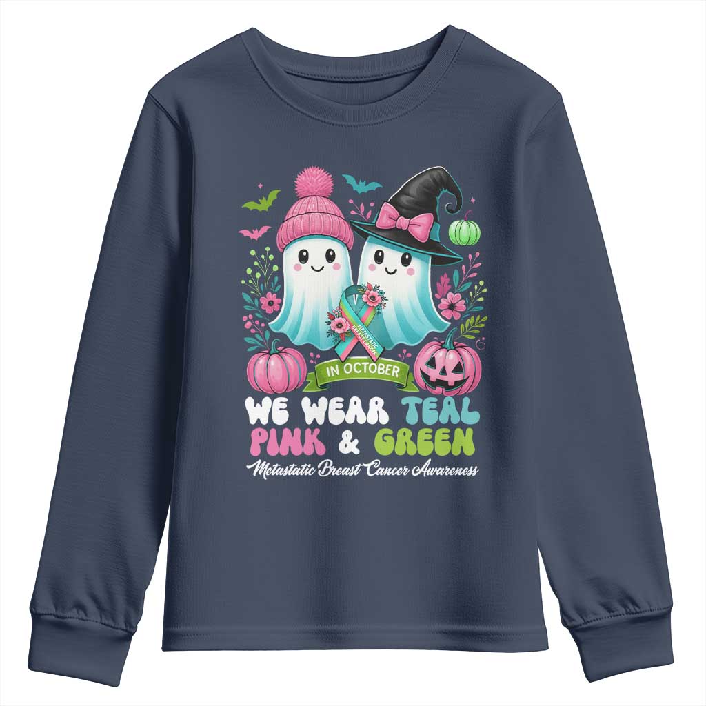 Metastatic Breast Cancer Awareness Ghost Youth Sweatshirt Halloween Green Teal Pink Ribbon - Wonder Print Shop