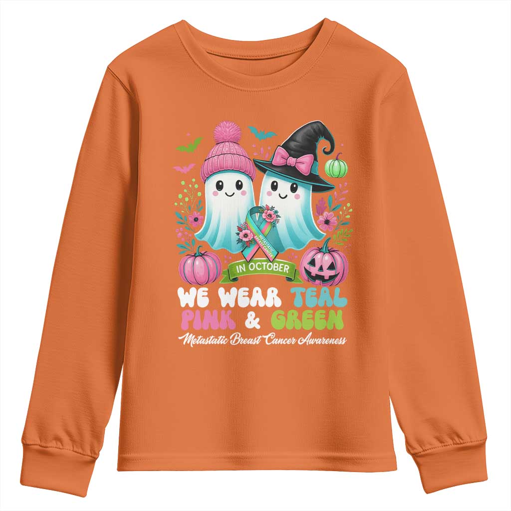 Metastatic Breast Cancer Awareness Ghost Youth Sweatshirt Halloween Green Teal Pink Ribbon - Wonder Print Shop