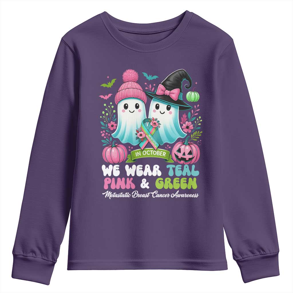 Metastatic Breast Cancer Awareness Ghost Youth Sweatshirt Halloween Green Teal Pink Ribbon - Wonder Print Shop