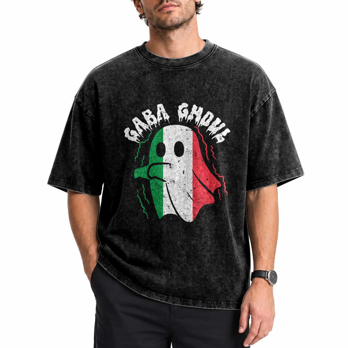 Gabagool Ghost Italian Washed Cotton T-Shirt Funny Halloween Costume Gaba Ghoul Pun
