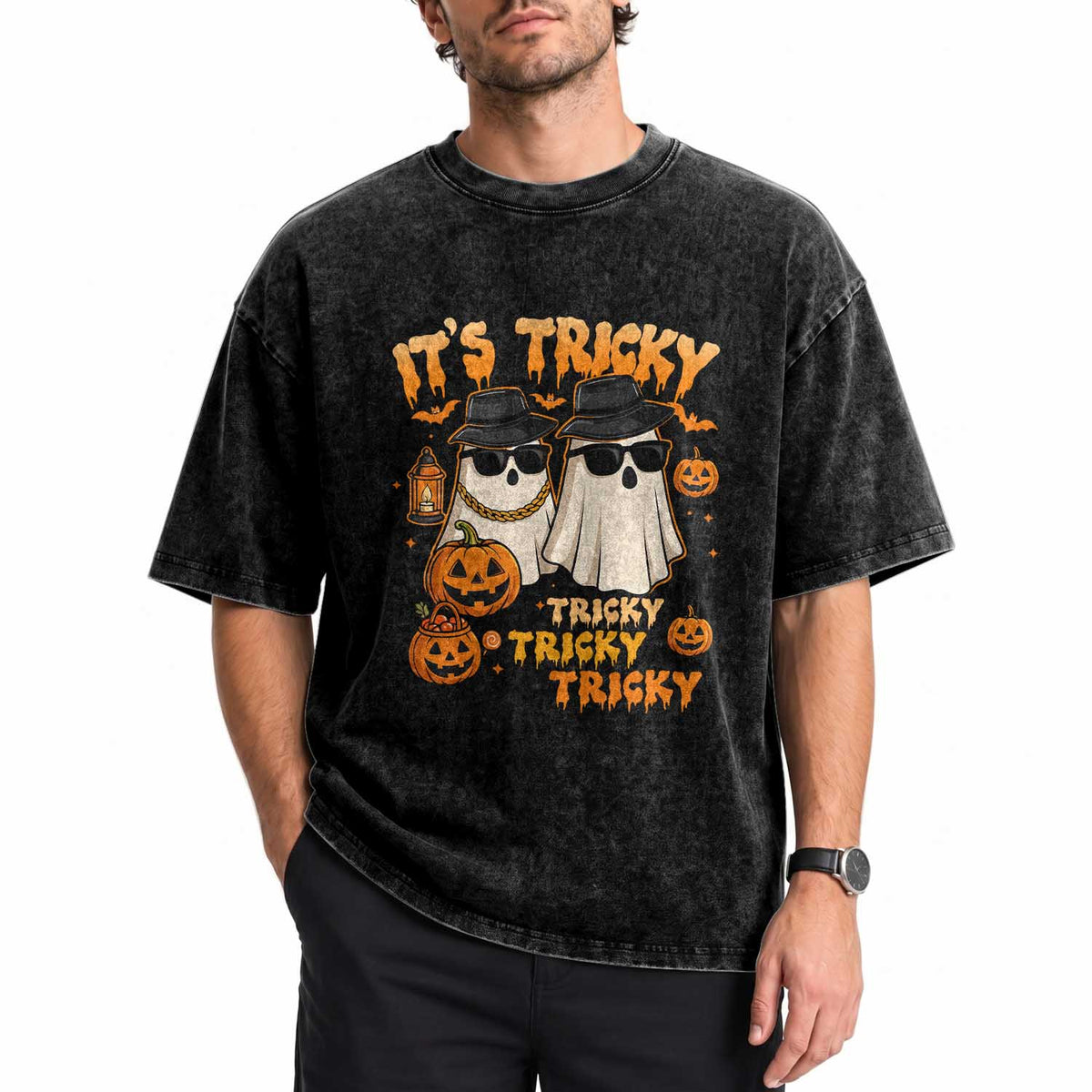 Funny Ghost Washed Cotton T-Shirt It's Tricky Tricky Tricky 90s Nostalgia Halloween Costume