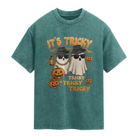 Funny Ghost Washed Cotton T-Shirt It's Tricky Tricky Tricky 90s Nostalgia Halloween Costume