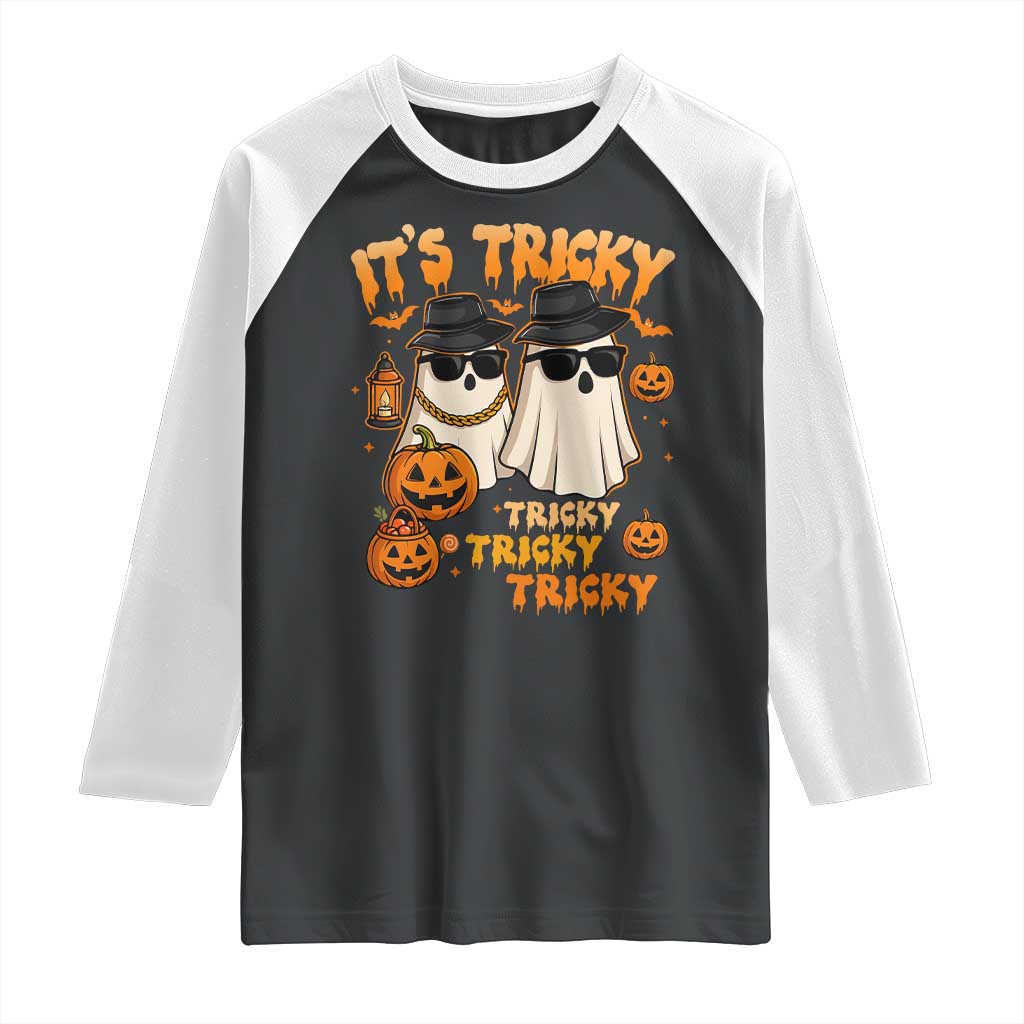 Funny Ghost Raglan Shirt It's Tricky Tricky Tricky 90s Nostalgia Halloween Costume - Wonder Print Shop