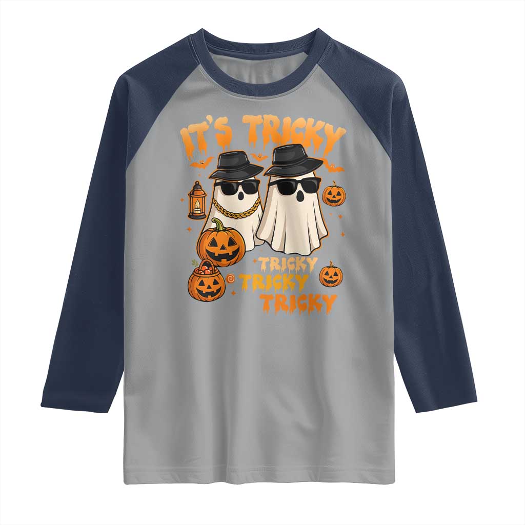 Funny Ghost Raglan Shirt It's Tricky Tricky Tricky 90s Nostalgia Halloween Costume - Wonder Print Shop