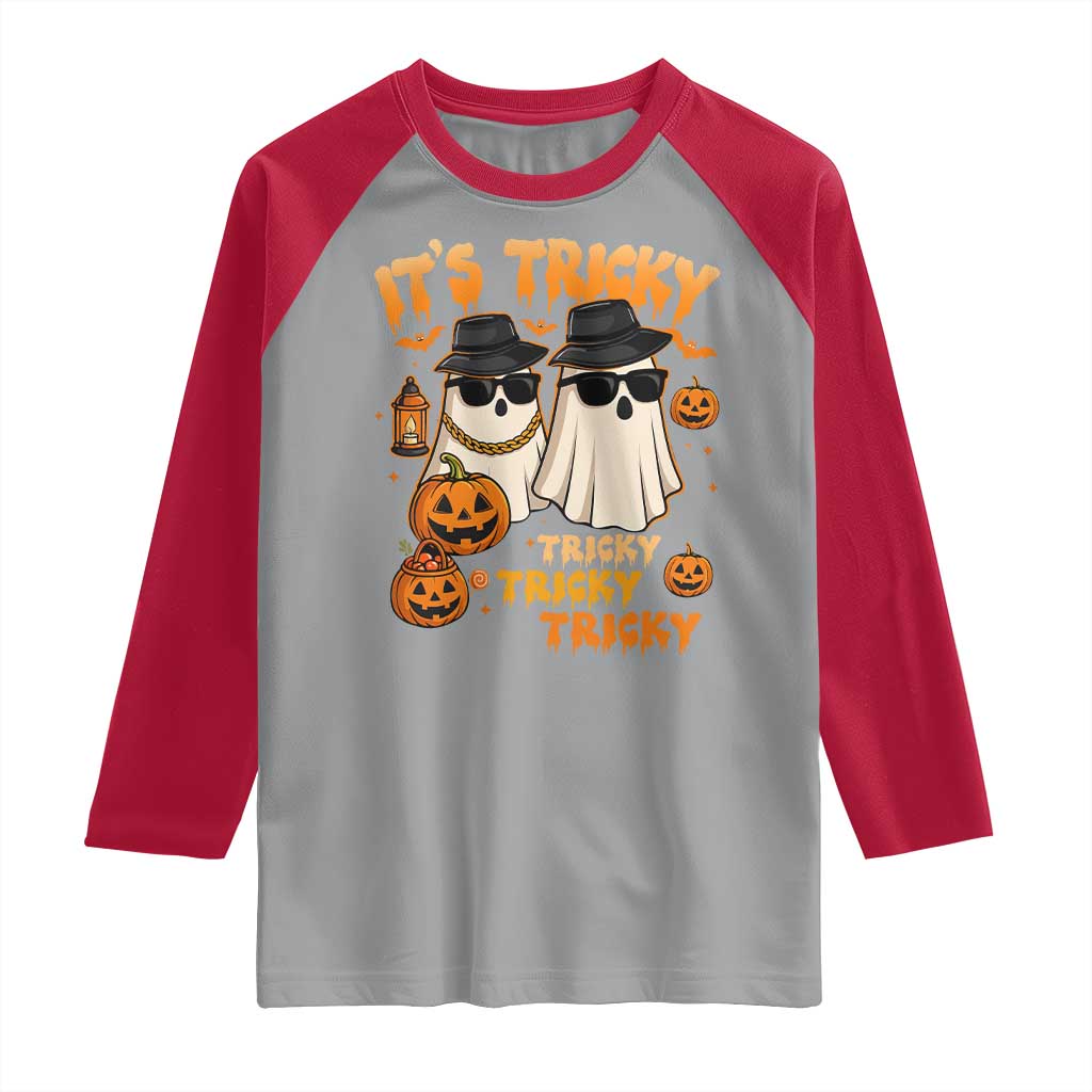 Funny Ghost Raglan Shirt It's Tricky Tricky Tricky 90s Nostalgia Halloween Costume - Wonder Print Shop