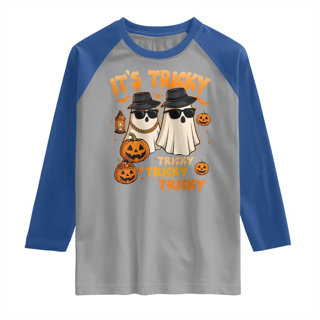 Funny Ghost Raglan Shirt It's Tricky Tricky Tricky 90s Nostalgia Halloween Costume - Wonder Print Shop