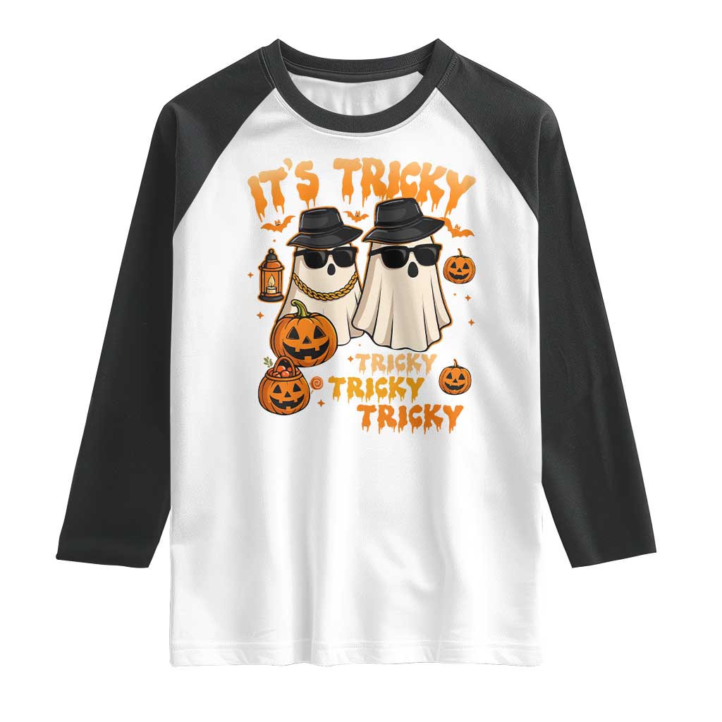 Funny Ghost Raglan Shirt It's Tricky Tricky Tricky 90s Nostalgia Halloween Costume - Wonder Print Shop