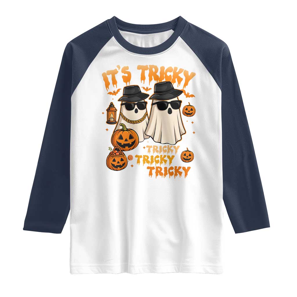 Funny Ghost Raglan Shirt It's Tricky Tricky Tricky 90s Nostalgia Halloween Costume - Wonder Print Shop