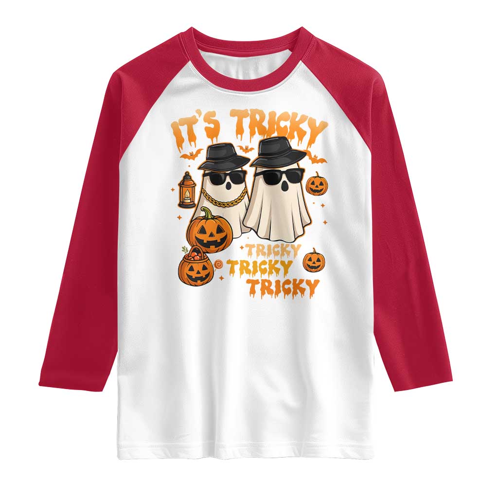 Funny Ghost Raglan Shirt It's Tricky Tricky Tricky 90s Nostalgia Halloween Costume - Wonder Print Shop
