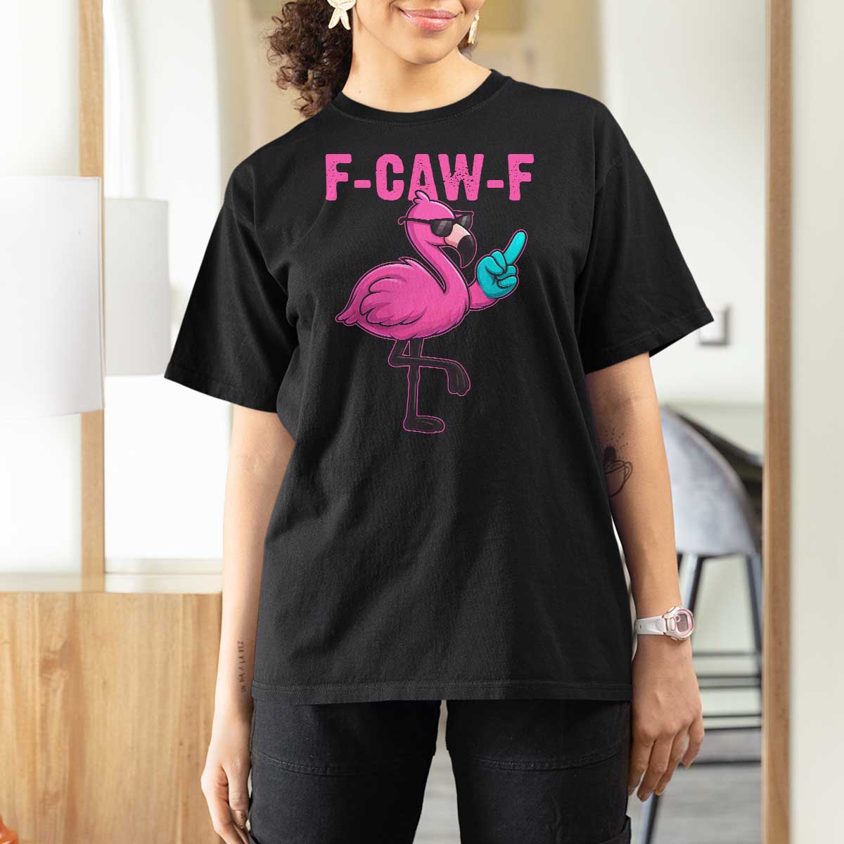 Funny F-Caw-F Flamingo T Shirt For Women Adult Humor - Wonder Print Shop
