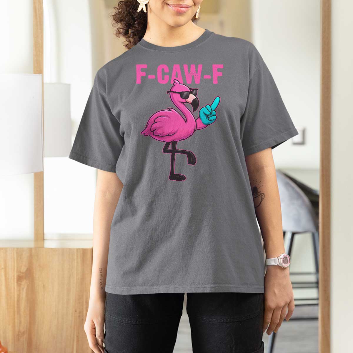 Funny F-Caw-F Flamingo T Shirt For Women Adult Humor - Wonder Print Shop