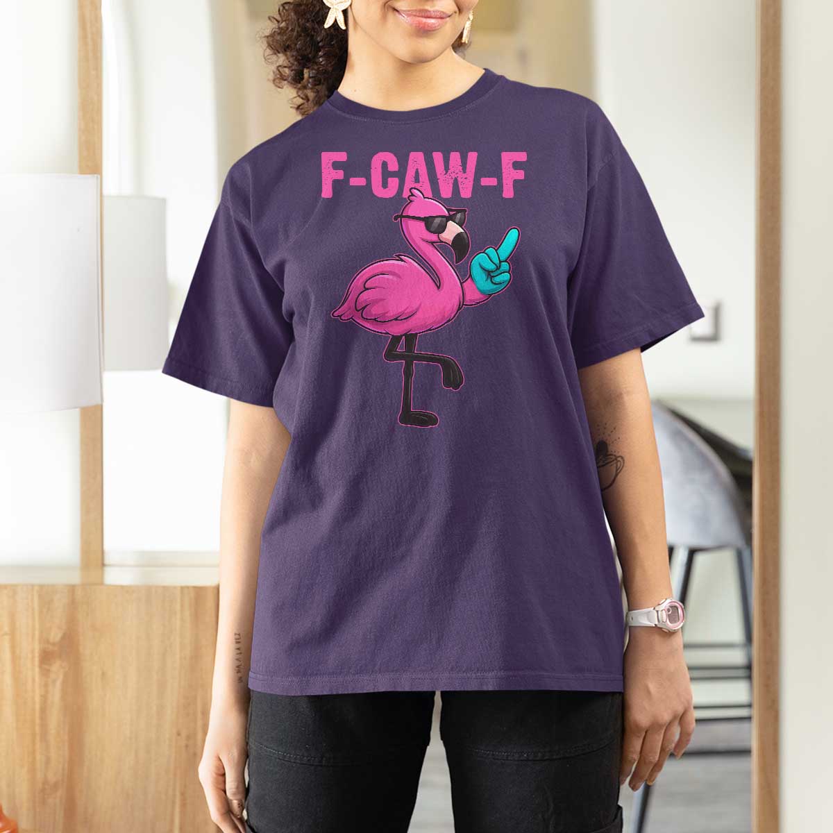Funny F-Caw-F Flamingo T Shirt For Women Adult Humor - Wonder Print Shop