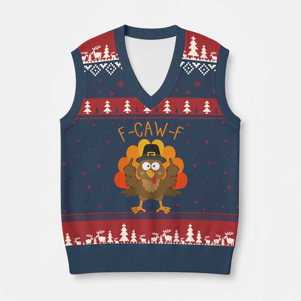 F-Caw-F Funny Turkey V-Neck Knit Sweater Vest Happy Thanksgiving Day Family Dinner - Wonder Print Shop