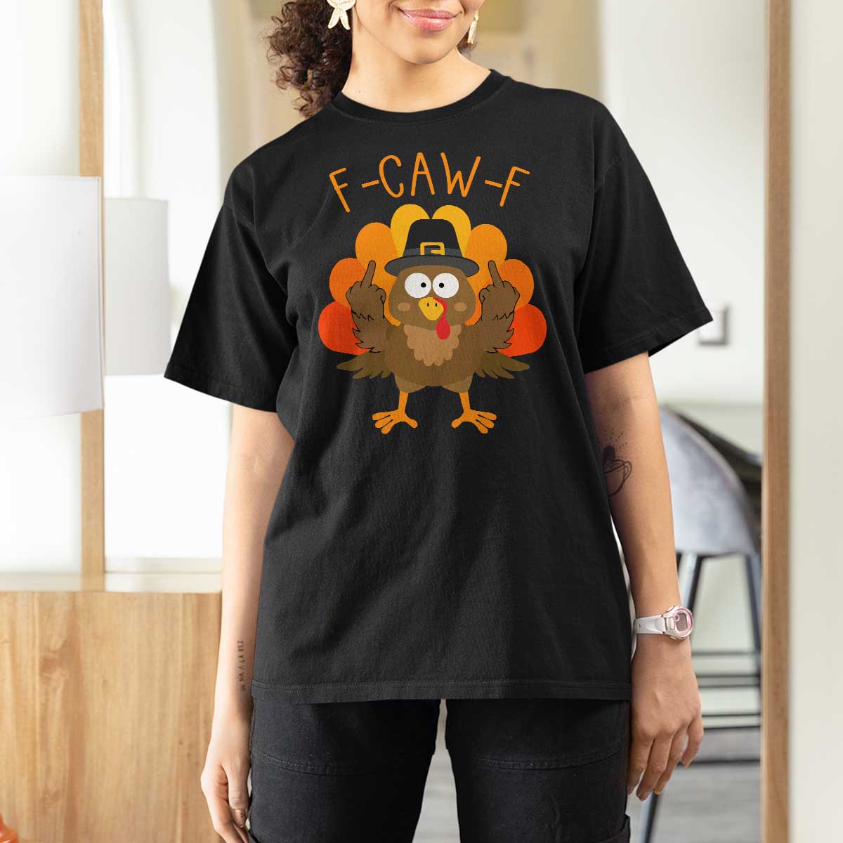 F-Caw-F Funny Turkey T Shirt For Women Happy Thanksgiving Day Family Dinner - Wonder Print Shop