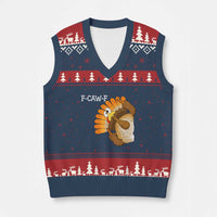 F-Caw-F Funny Silly Turkey V-Neck Knit Sweater Vest Happy Thanksgiving Day Family Dinner - Wonder Print Shop