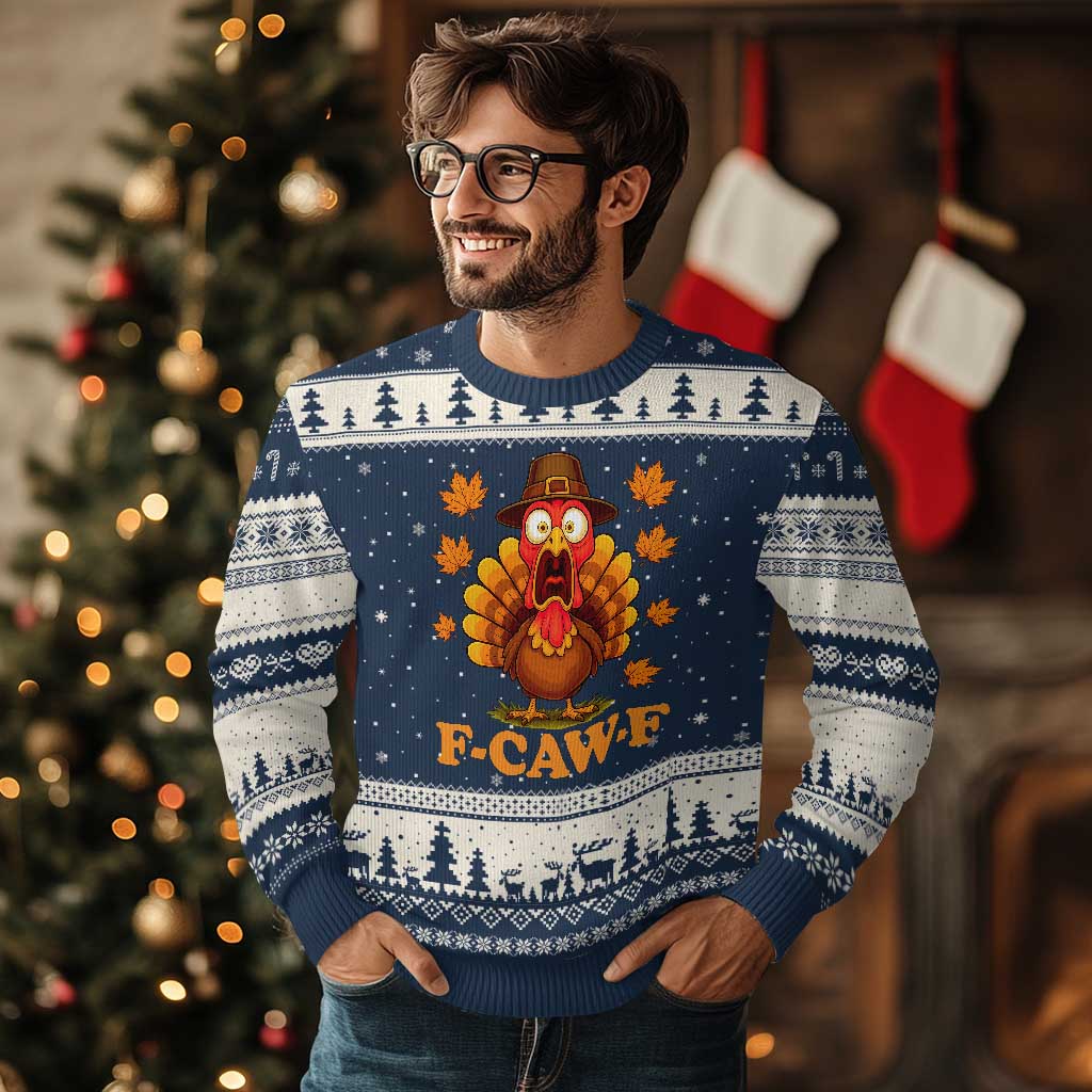 F-Caw-F Funny Turkey Ugly Christmas Sweater Happy Thanksgiving Day Autumn Family Dinner - Wonder Print Shop