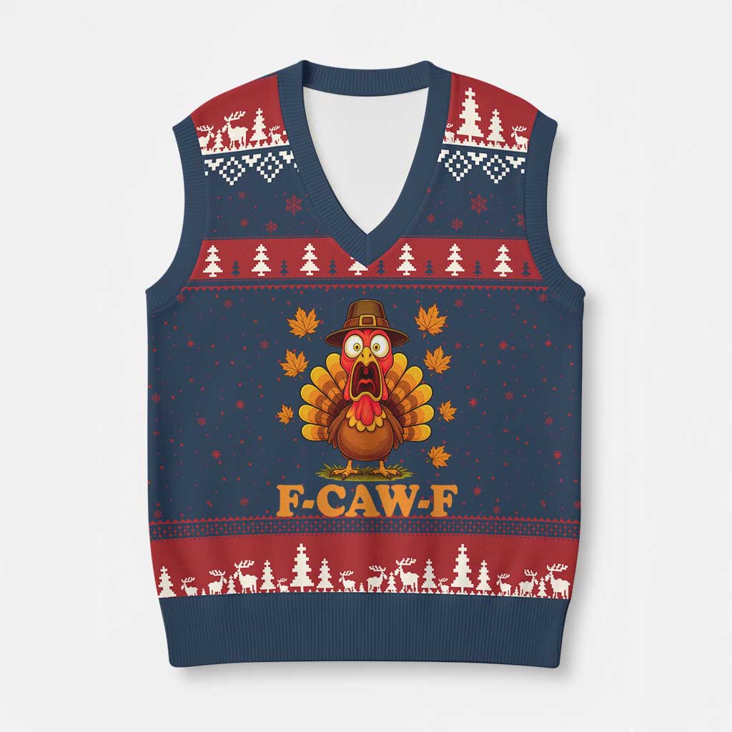 F-Caw-F Funny Turkey V-Neck Knit Sweater Vest Happy Thanksgiving Day Autumn Family Dinner - Wonder Print Shop