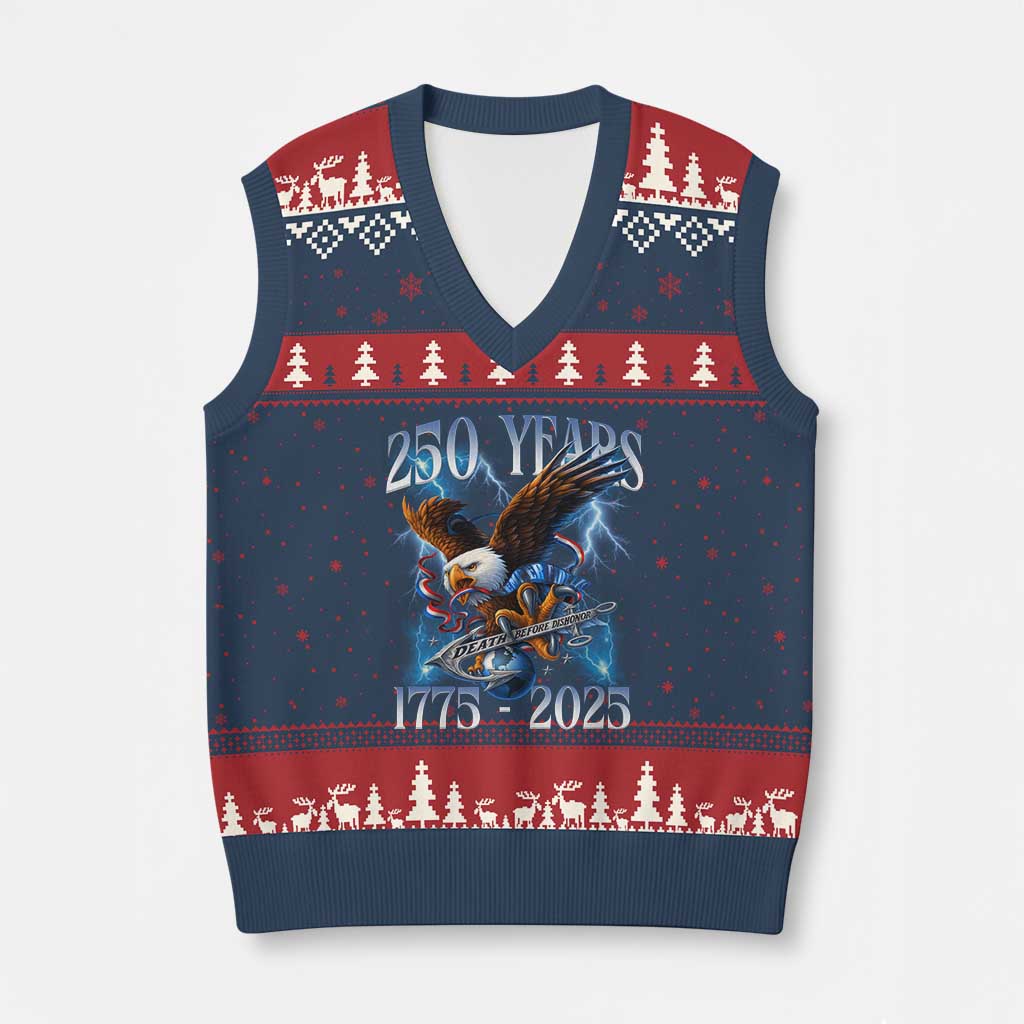 Marine Veteran 250th Anniversary V-Neck Knit Sweater Vest Eagle Patriotic Military Gift for Marines Veterans - Wonder Print Shop
