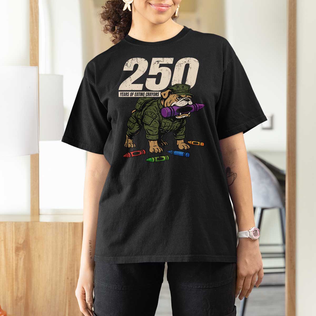 250 Years Of Eating Crayons T Shirt For Women Vintage Bulldog Patriotic Veteran Military Gift - Wonder Print Shop