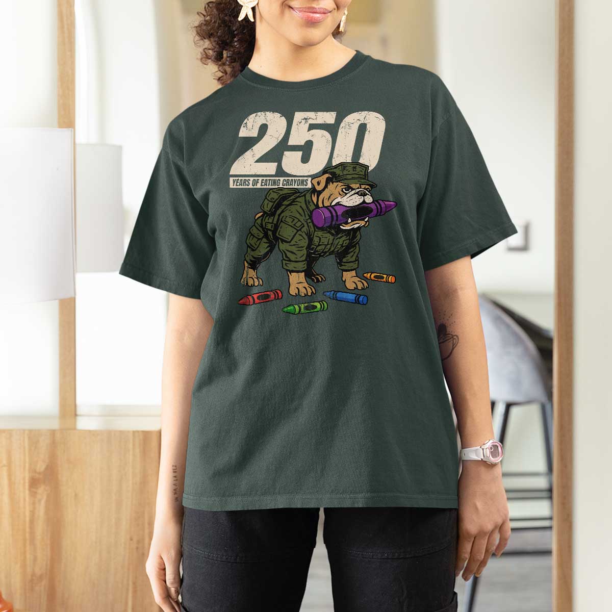 250 Years Of Eating Crayons T Shirt For Women Vintage Bulldog Patriotic Veteran Military Gift - Wonder Print Shop