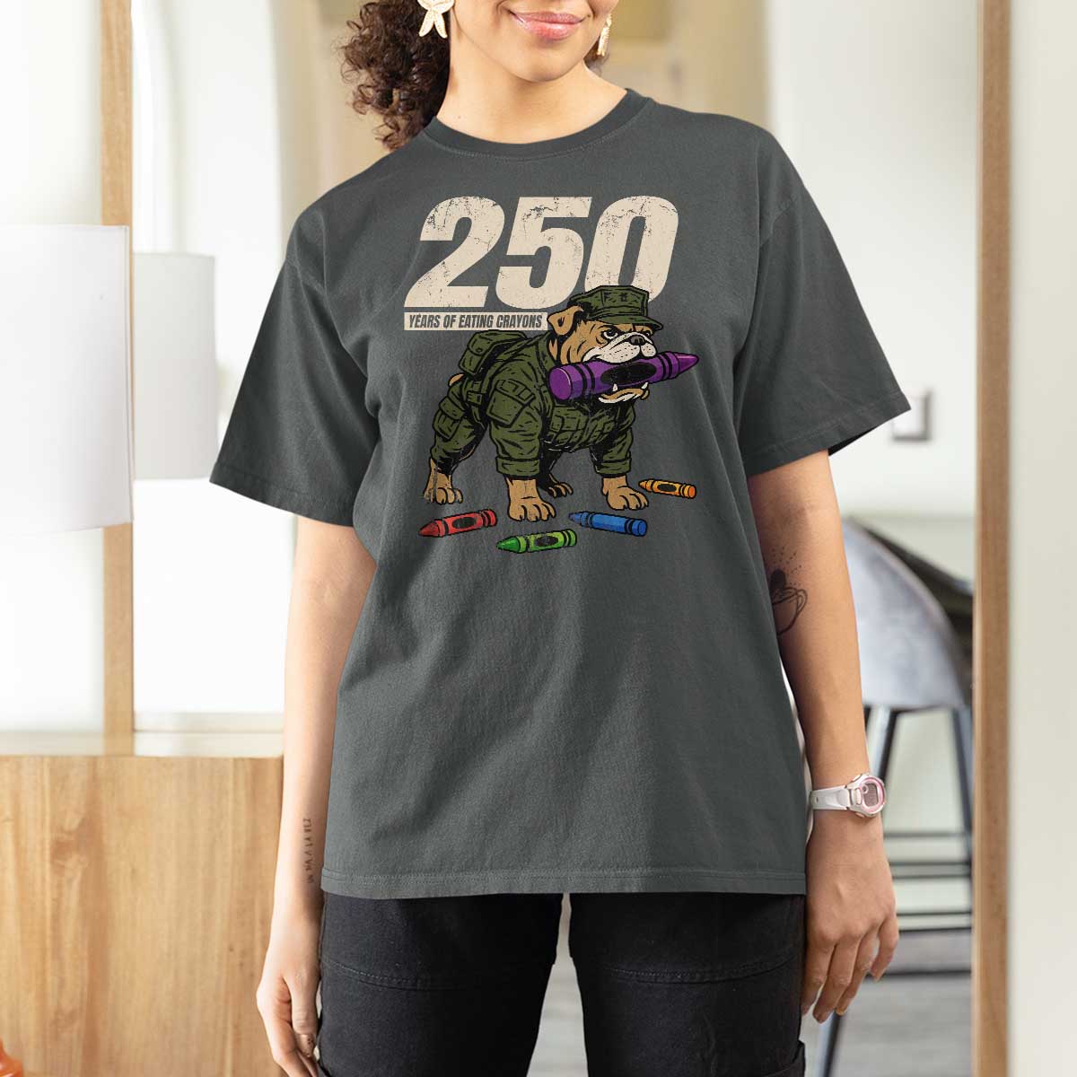 250 Years Of Eating Crayons T Shirt For Women Vintage Bulldog Patriotic Veteran Military Gift - Wonder Print Shop