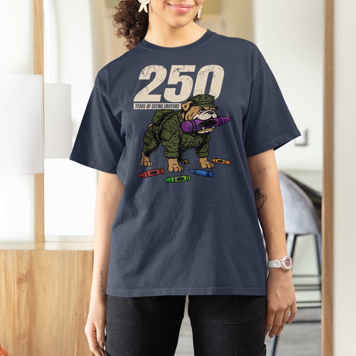 250 Years Of Eating Crayons T Shirt For Women Vintage Bulldog Patriotic Veteran Military Gift - Wonder Print Shop