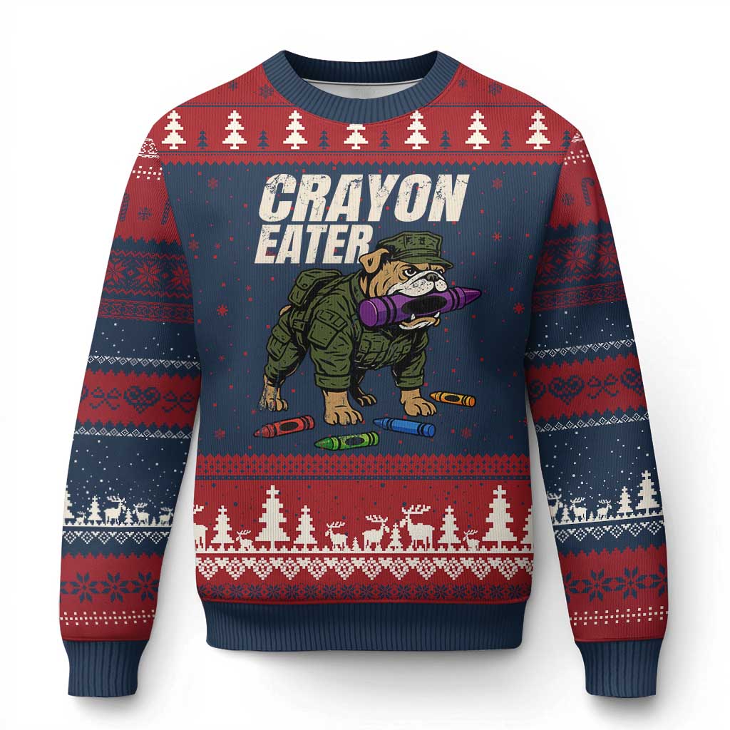 Crayon Eater Ugly Christmas Sweater Funny Bulldog Military Corps Proud Soldier Family - Wonder Print Shop