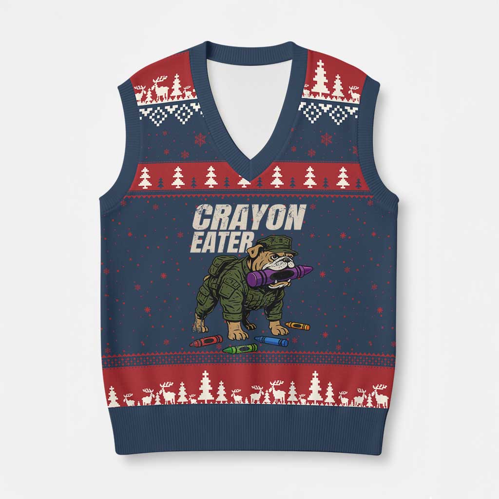 Crayon Eater V-Neck Knit Sweater Vest Funny Bulldog Military Corps Proud Soldier Family - Wonder Print Shop