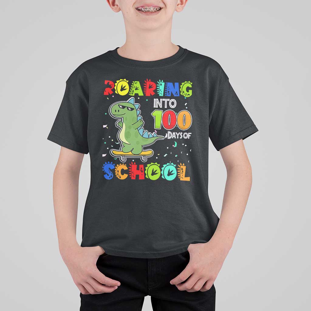 100 Days Of School Dinosaur T Shirt For Kid Trex Dino Skateboard Skateboarding Boys Roaring Into 100th Day - Wonder Print Shop