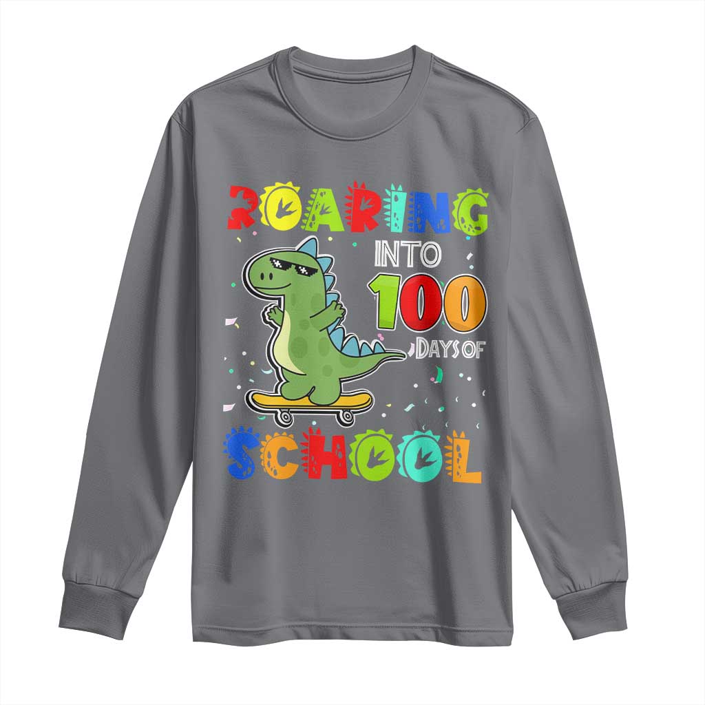 100 Days Of School Dinosaur Long Sleeve Shirt Trex Dino Skateboard Skateboarding Boys Roaring Into 100th Day