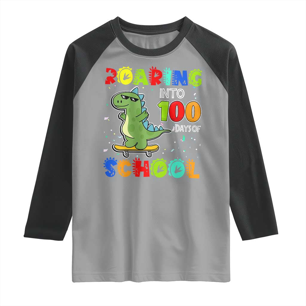 100 Days Of School Dinosaur Raglan Shirt Trex Dino Skateboard Skateboarding Boys Roaring Into 100th Day