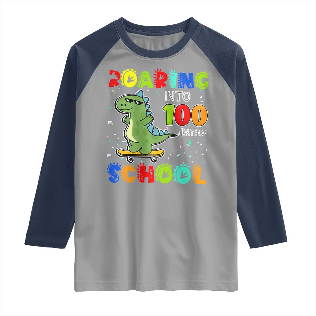 100 Days Of School Dinosaur Raglan Shirt Trex Dino Skateboard Skateboarding Boys Roaring Into 100th Day