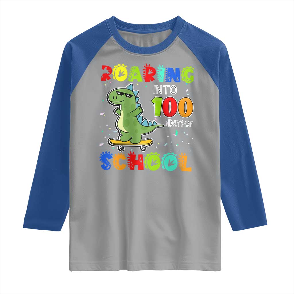 100 Days Of School Dinosaur Raglan Shirt Trex Dino Skateboard Skateboarding Boys Roaring Into 100th Day