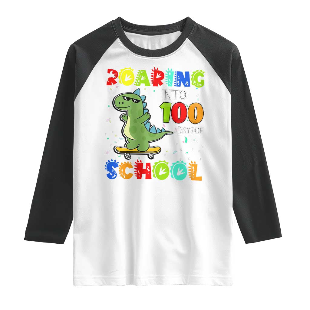 100 Days Of School Dinosaur Raglan Shirt Trex Dino Skateboard Skateboarding Boys Roaring Into 100th Day