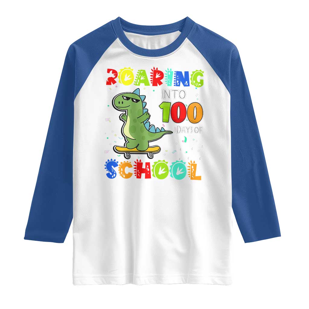 100 Days Of School Dinosaur Raglan Shirt Trex Dino Skateboard Skateboarding Boys Roaring Into 100th Day