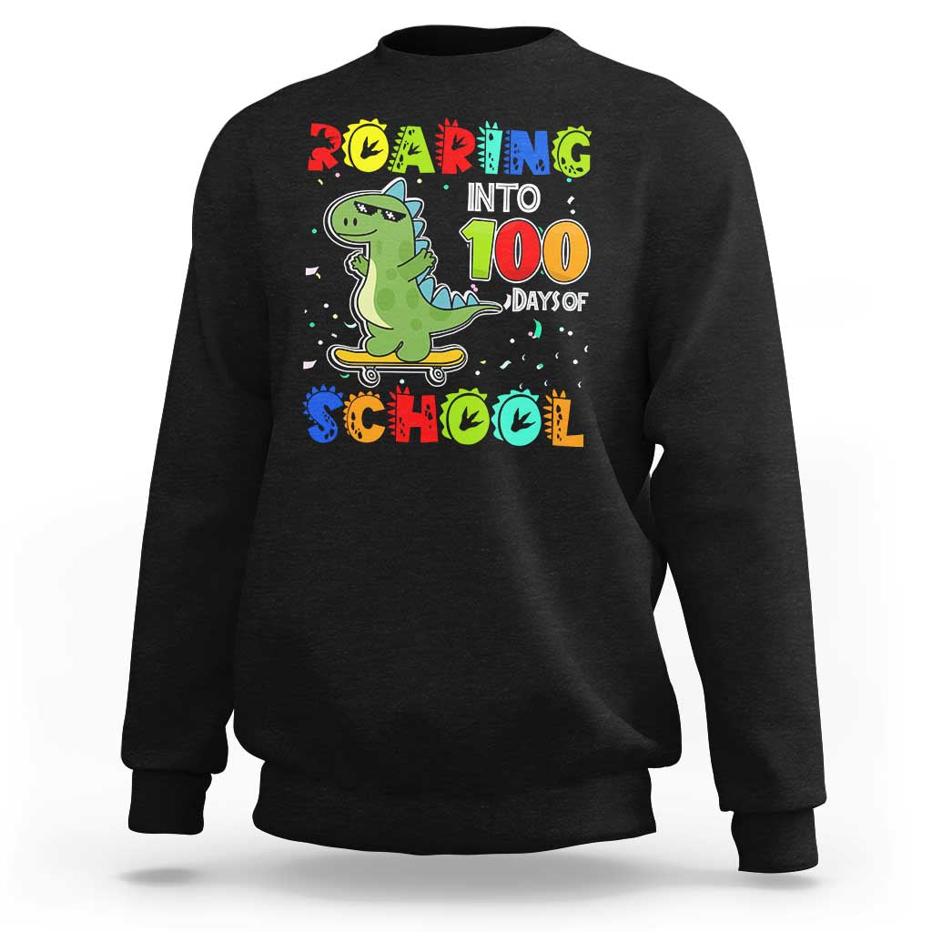 100 Days Of School Dinosaur Sweatshirt Trex Dino Skateboard Skateboarding Boys Roaring Into 100th Day - Wonder Print Shop