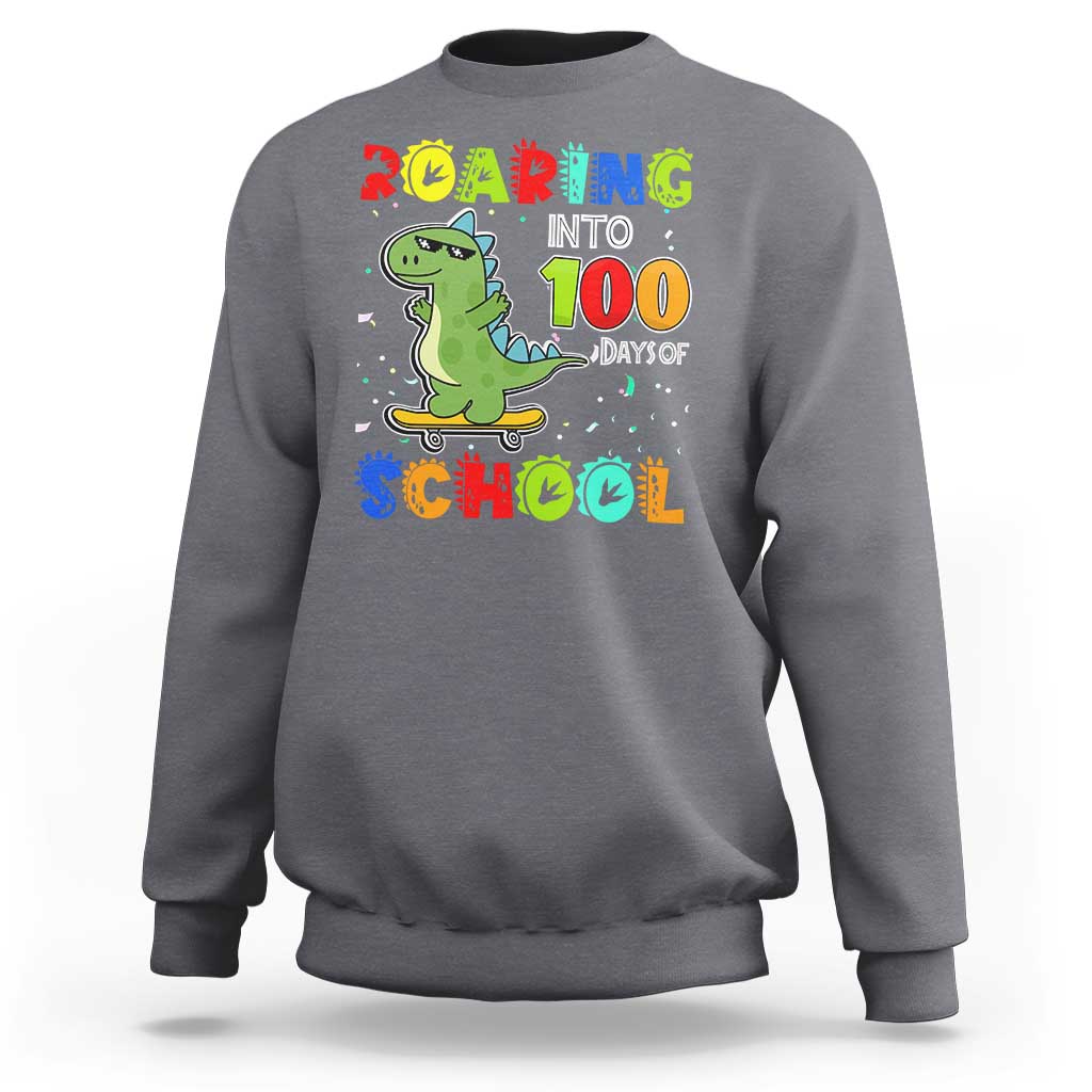 100 Days Of School Dinosaur Sweatshirt Trex Dino Skateboard Skateboarding Boys Roaring Into 100th Day - Wonder Print Shop