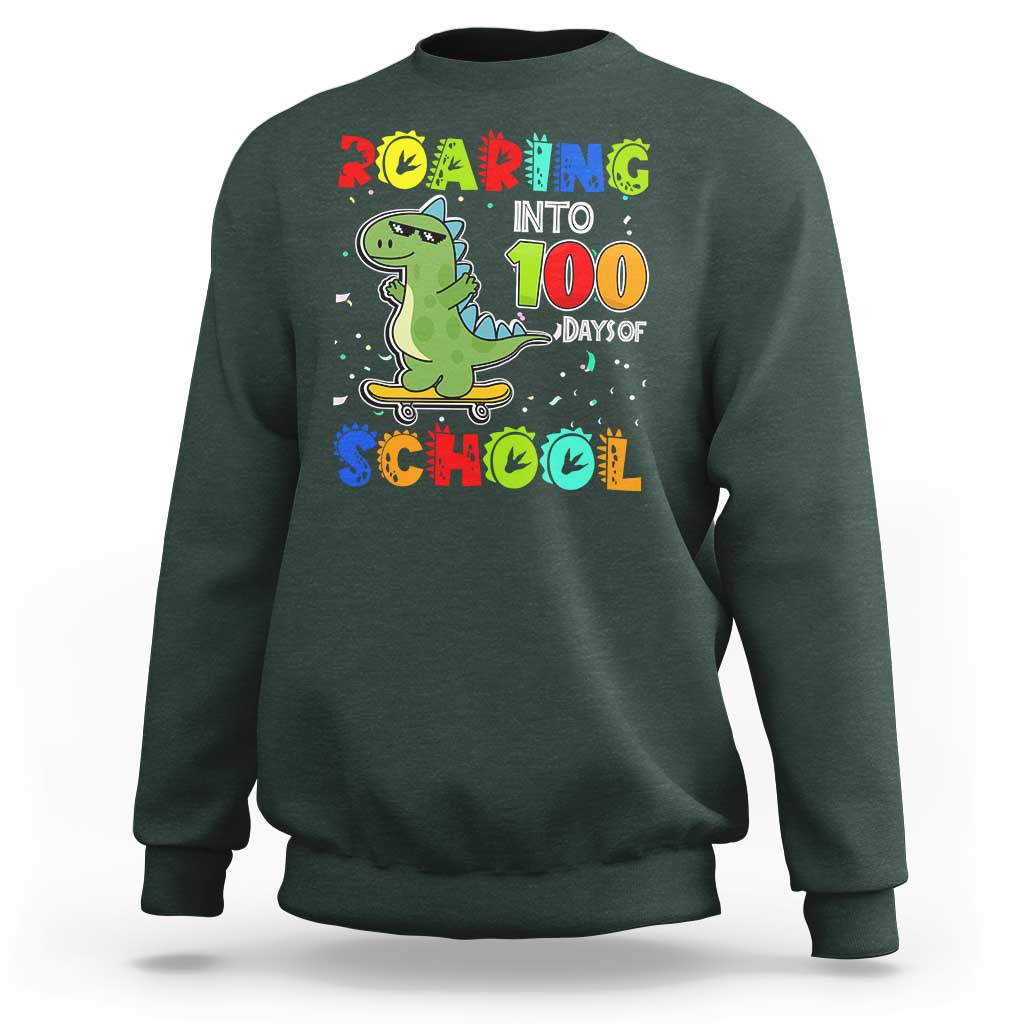100 Days Of School Dinosaur Sweatshirt Trex Dino Skateboard Skateboarding Boys Roaring Into 100th Day - Wonder Print Shop