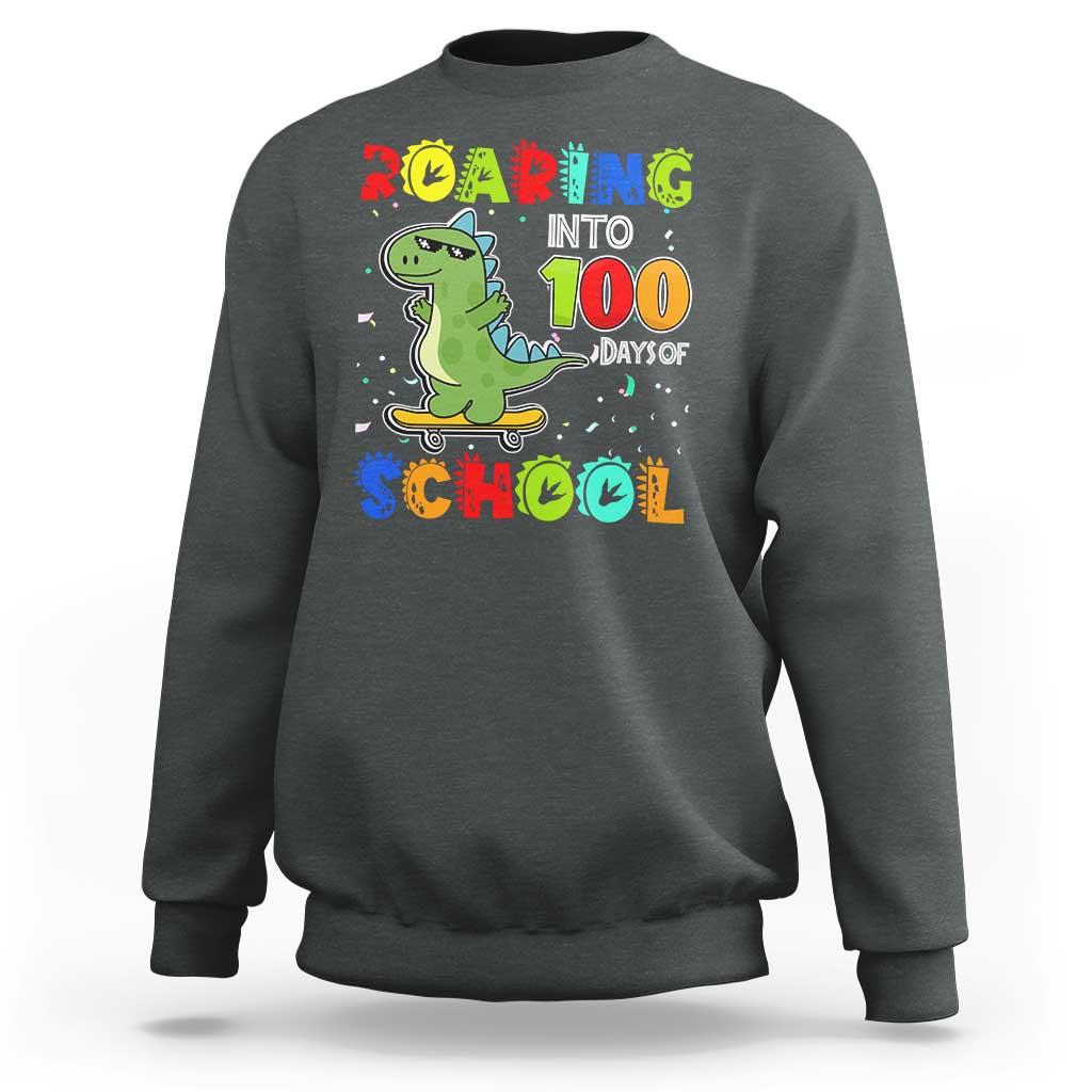 100 Days Of School Dinosaur Sweatshirt Trex Dino Skateboard Skateboarding Boys Roaring Into 100th Day - Wonder Print Shop