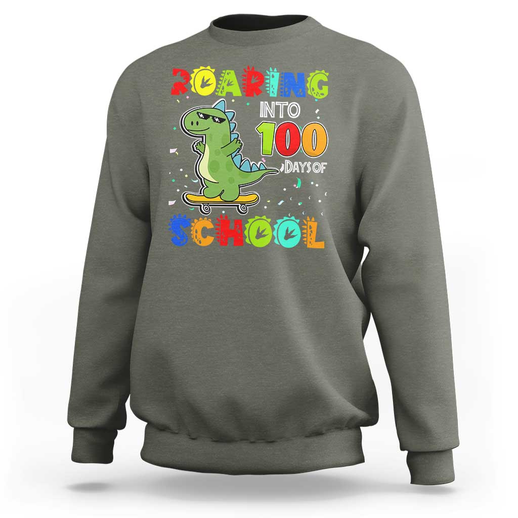 100 Days Of School Dinosaur Sweatshirt Trex Dino Skateboard Skateboarding Boys Roaring Into 100th Day - Wonder Print Shop