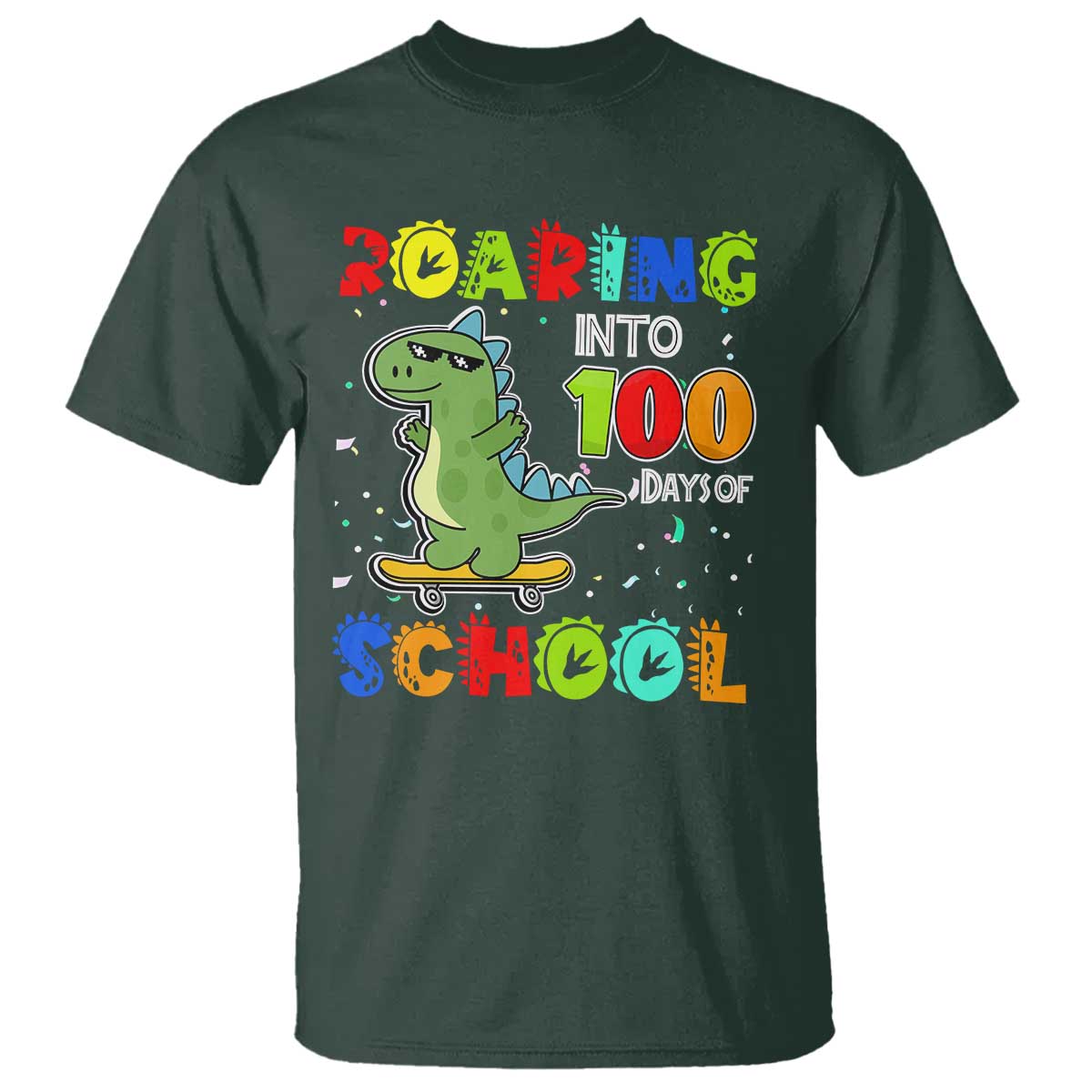 100 Days Of School Dinosaur T Shirt Trex Dino Skateboard Skateboarding Boys Roaring Into 100th Day - Wonder Print Shop
