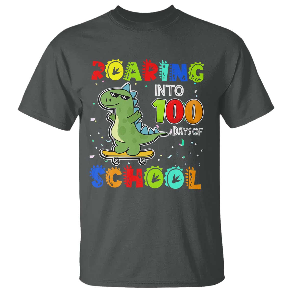 100 Days Of School Dinosaur T Shirt Trex Dino Skateboard Skateboarding Boys Roaring Into 100th Day - Wonder Print Shop