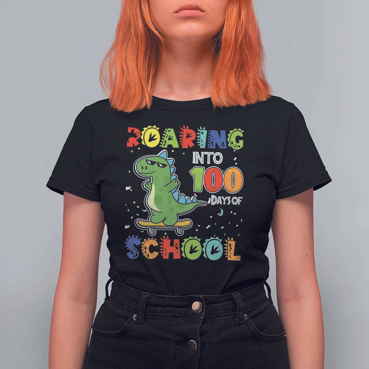 100 Days Of School Dinosaur T Shirt For Women Trex Dino Skateboard Skateboarding Boys Roaring Into 100th Day - Wonder Print Shop