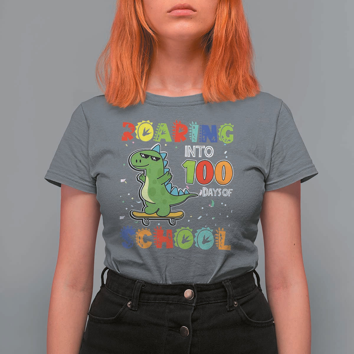 100 Days Of School Dinosaur T Shirt For Women Trex Dino Skateboard Skateboarding Boys Roaring Into 100th Day - Wonder Print Shop