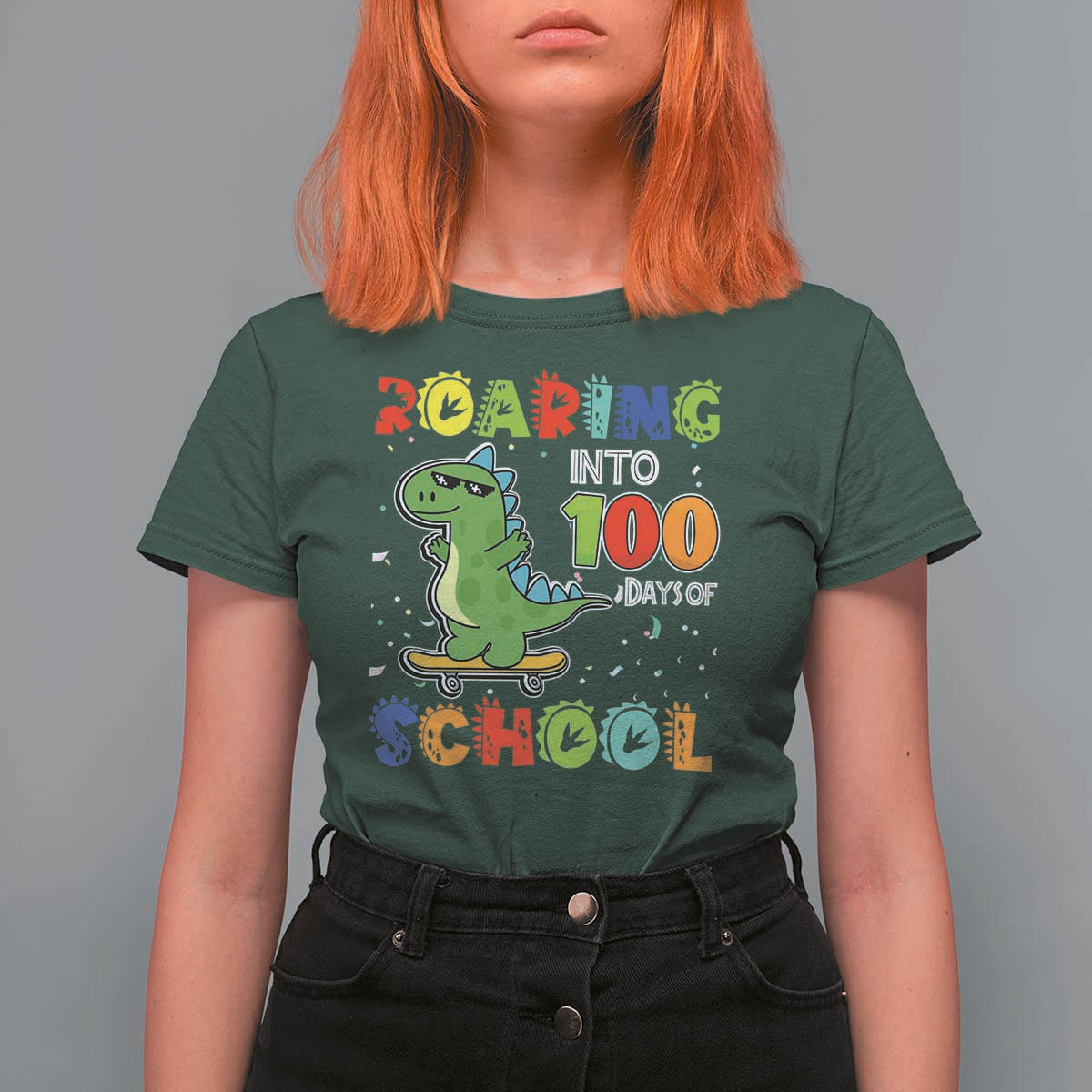 100 Days Of School Dinosaur T Shirt For Women Trex Dino Skateboard Skateboarding Boys Roaring Into 100th Day - Wonder Print Shop