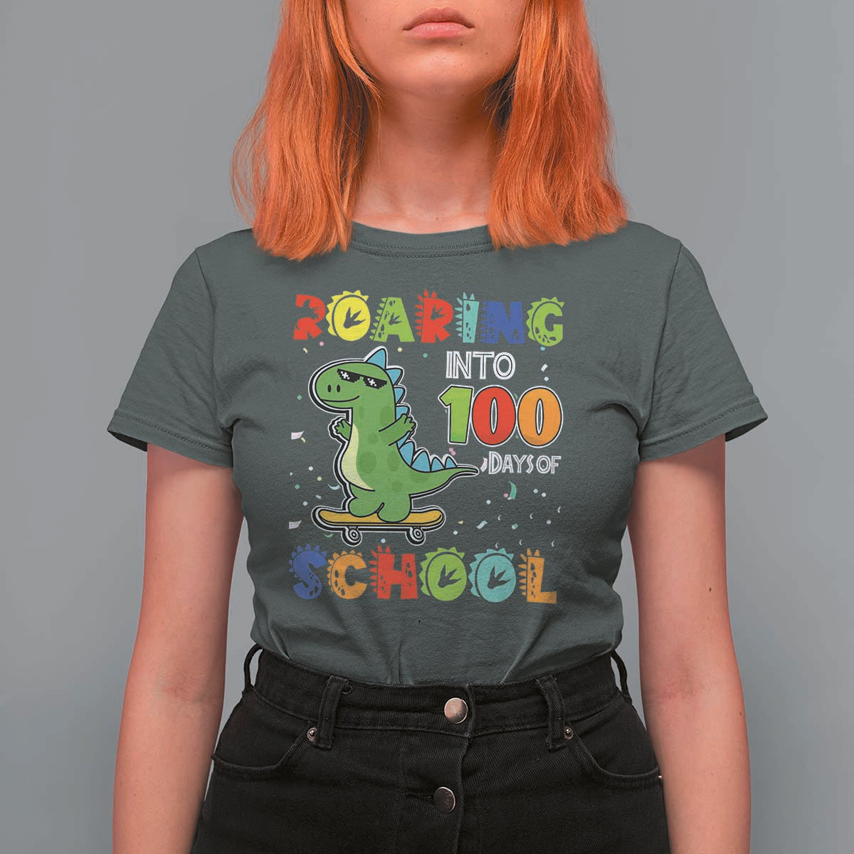 100 Days Of School Dinosaur T Shirt For Women Trex Dino Skateboard Skateboarding Boys Roaring Into 100th Day - Wonder Print Shop