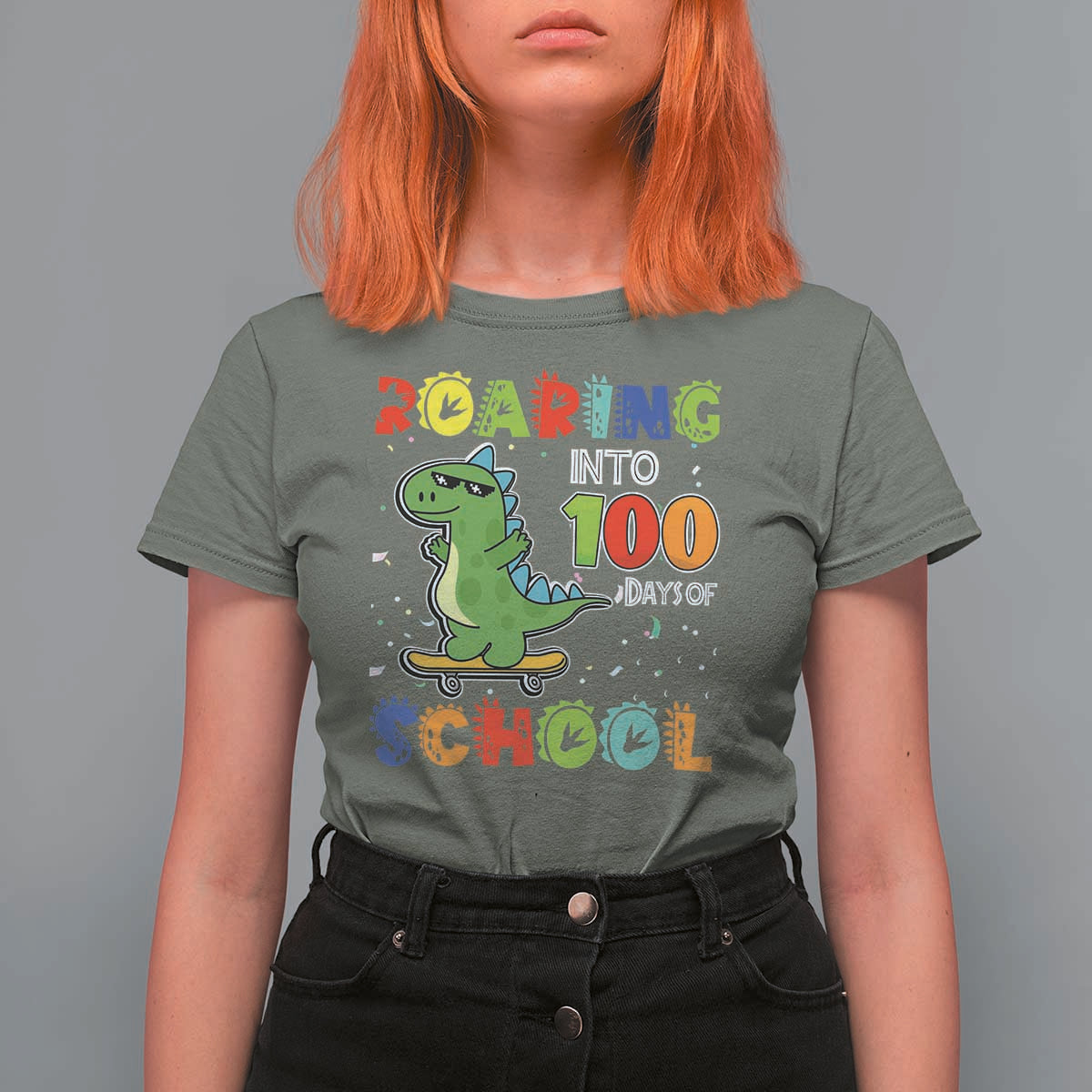 100 Days Of School Dinosaur T Shirt For Women Trex Dino Skateboard Skateboarding Boys Roaring Into 100th Day - Wonder Print Shop