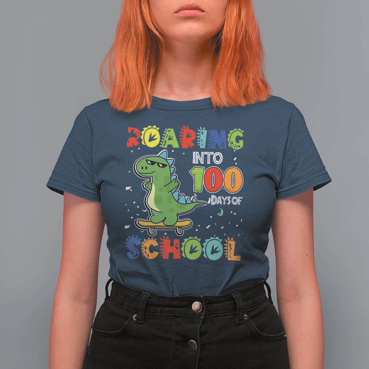 100 Days Of School Dinosaur T Shirt For Women Trex Dino Skateboard Skateboarding Boys Roaring Into 100th Day - Wonder Print Shop